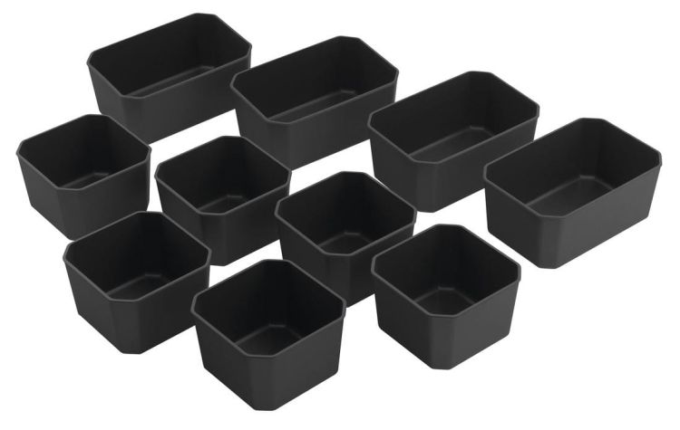 Miska niska LINDO, zestaw 10 szt. (6x 100x65x100 mm+4x 100x65x150 mm), plastik, antracyt