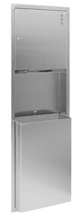 Zasobnik ręczników papierowych, dozownik mydła 1100 ml i kosz na śmieci 45l, 438x1371x108, stal nierdzewna mat