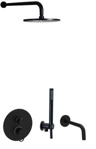 Czarny zestaw natryskowy podtynkowy z deszczownicą okrągłą 22,5 cm, wylewką, słuchawką prysznicową i baterią 3-drożną podtynkową i słuchawką prysznicową Paffoni Jo-Joker JK019ZSCW3ANO