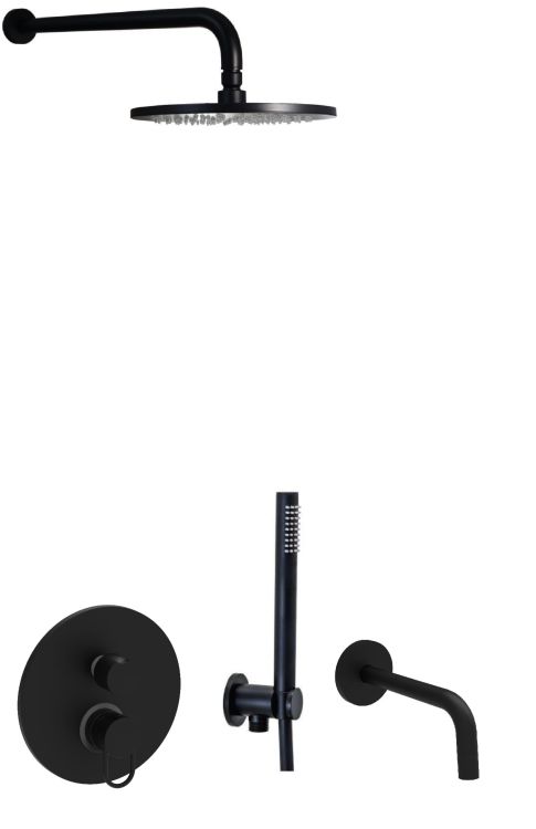 Czarny zestaw natryskowy podtynkowy z deszczownicą okrągłą 22,5 cm, wylewką, słuchawką prysznicową i baterią 3-drożną podtynkową i słuchawką prysznicową Paffoni Jo-Joker JK019ZSCW3ANO