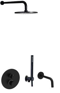 Czarny zestaw natryskowy podtynkowy z deszczownicą okrągłą 22,5 cm, wylewką, baterią 3-drożną podtynkową i słuchawką prysznicową Paffoni Jo-Joker JO019ZSCW3ANO