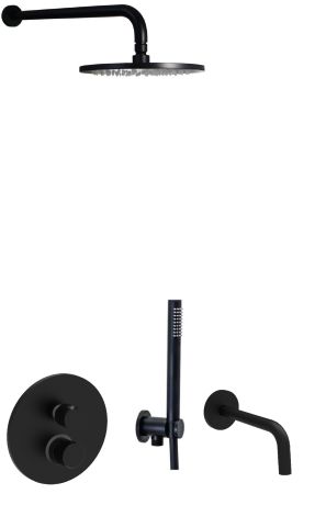 Przejdź do produktu Czarny zestaw natryskowy podtynkowy z  deszczownicą okrągłą 22,5 cm, wylewką, baterią 3-drożną podtynkową i słuchawką prysznicową Paffoni Jo-Joker JO019ZSCW3ANO
