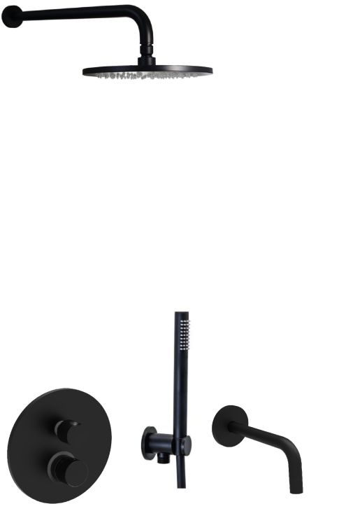 Czarny zestaw natryskowy podtynkowy z deszczownicą okrągłą 22,5 cm, wylewką, baterią 3-drożną podtynkową i słuchawką prysznicową Paffoni Jo-Joker JO019ZSCW3ANO