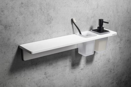 Przejdź do produktu ABELINE półka, kubek + dozownik mydła/czarny, 800mm, Rockstone, biały mat