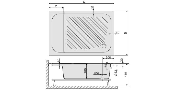 Wysoki brodzik prostokątny 80x120x28 cm z siedziskiem Classic Sanplast Bzs/CL 80x120x28+STB biew