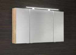 MIRRÓ szafka z lustrem, oświetlenie LED, 3 drzwiczki, 120x70x16cm, dąb Alabama
