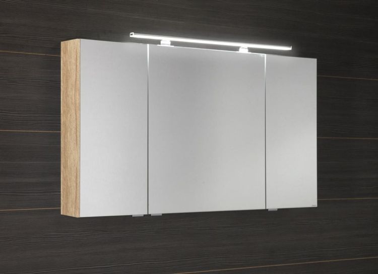 MIRRÓ szafka z lustrem, oświetlenie LED, 3 drzwiczki, 120x70x16cm, dąb Alabama