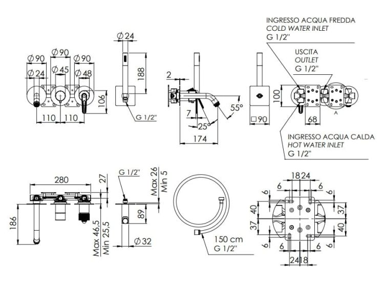 Bateria wannowa podtynkowa ze słuchawką prysznicową Daniel Brooklyn BY710D2PCR chrom