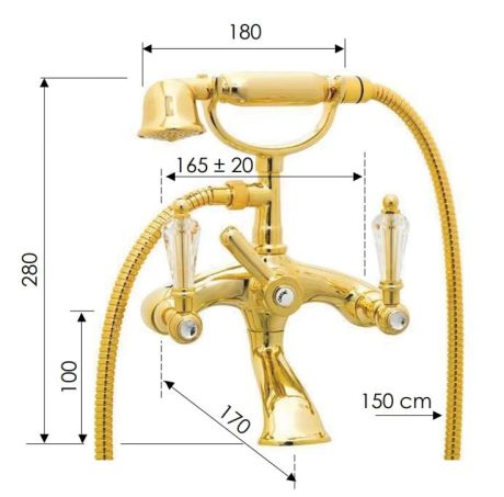Przejdź do produktu Bateria wannowa Retro ścienna ze słuchawką prysznicową z kryształami Swarovskiego  Daniel RY4102DO złoty