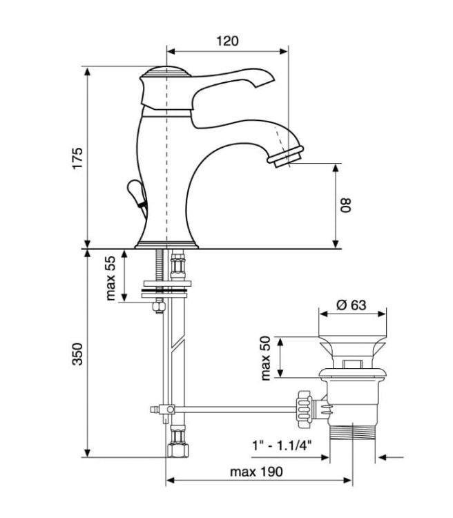 Bateria umywalkowa stojąca z korkiem Emmevi Tiffany 6003