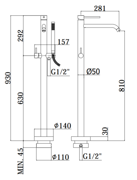 Bateria wannowa wolnostojąca 93 cm kompletna Light LIG032NKNSP czarny nikiel mat