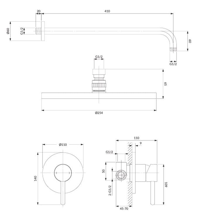 Zestaw prysznicowy podtynkowy z okrągłą deszczownicą 25 cm i baterią prysznicową Omnires SYSY36