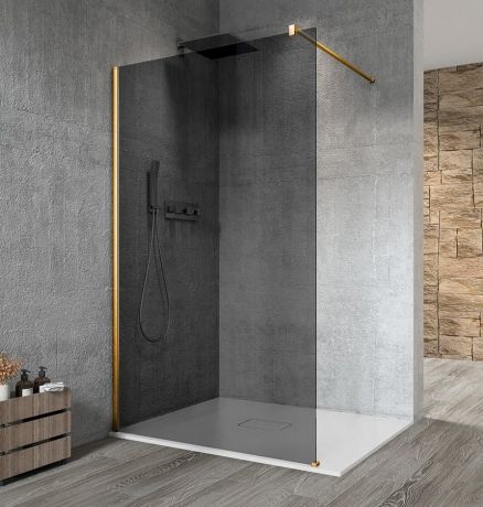 Przejdź do produktu VARIO GOLD MATT jednoczęściowa kabina przysznicowa Walk-In, montaż przy ścianie, szkło dymione, 900 mm