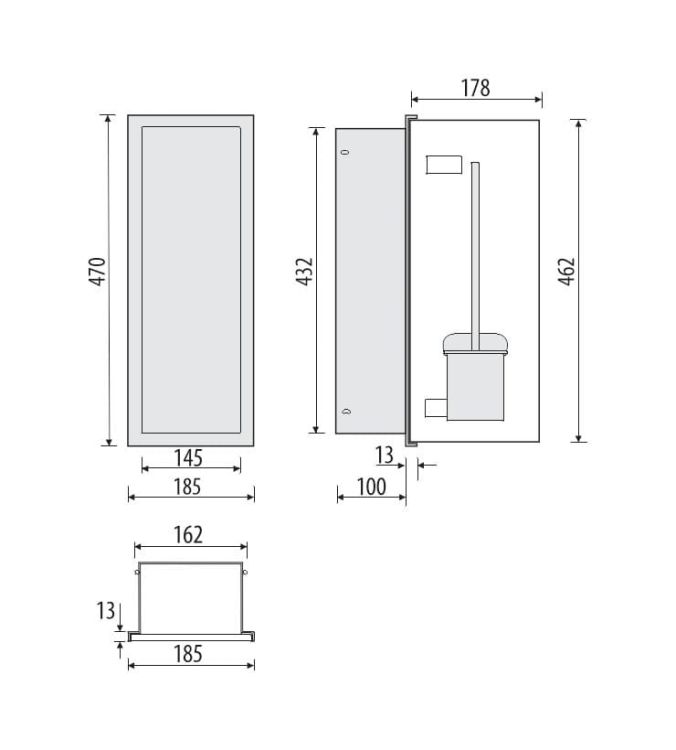 Do zabudowy kaflami schowek podtynkowy WC do szczotki  18x45x15 cm MCJ stal nierdzewna kołnierz typu Zero Z.PWAT WC 450