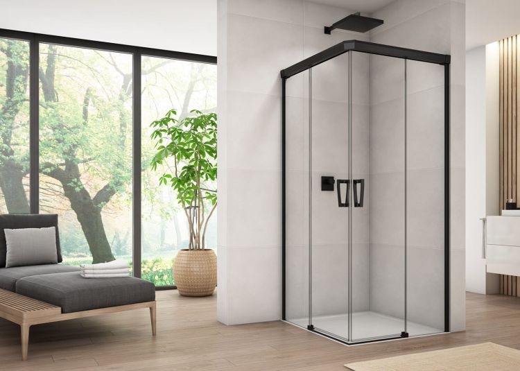 Czarna kabina prysznicowa 80x80x200 cm z drzwiami rozsuwanymi z elementem stałym i wejściem narożnym Sanswiss Cadura Black Line CAE2G0800607+CAE2D0800607 czarny mat