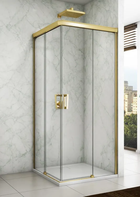 Złota kabina prysznicowa z drzwiami rozsuwanymi z elementem stałym i wejściem narożnym Sanswiss Cadura Gold Line CAE2G+CAE2D złoty