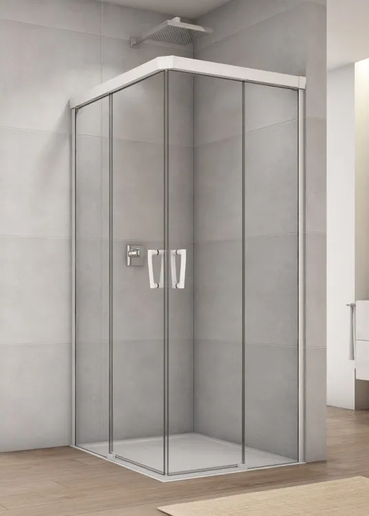 Biała kabina prysznicowa z drzwiami rozsuwanymi z elementem stałym i wejściem narożnym Sanswiss Cadura White Line CAE2G+CAE2D biały mat
