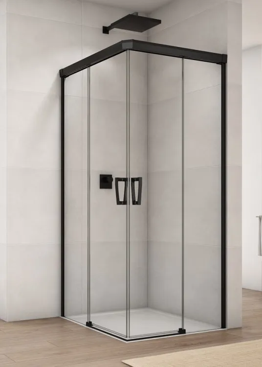 Czarna kabina prysznicowa cm z drzwiami rozsuwanymi z elementem stałym i wejściem narożnym Sanswiss Cadura Black Line CAE2G+CAE2D czarny mat