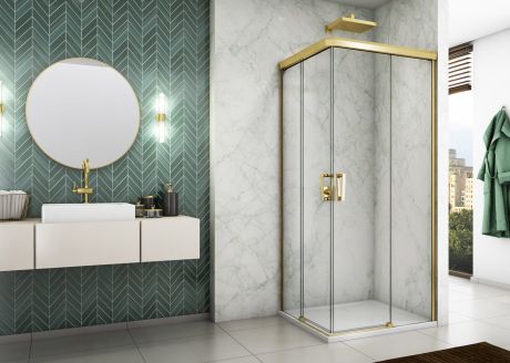 Przejdź do produktu Kabina prysznicowa 90x90x200 cm ze złotymi profilami i rozsuwanymi drzwiami Sanswiss Cadura Gold Line CAE2G0901207+CAE2D0901207