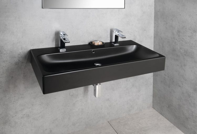 TORIDI umywalka ceramiczna 101x46,5cm, 2 otwory na baterię, czarny mat
