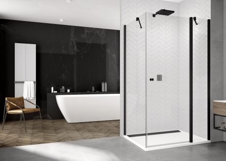Przejdź do produktu Kabina prysznicowa 80x80x200 cm z czarnymi, matowymi profilami SanSwiss Solino Black Line SOL1308000607+SOLT108000607+V3.SOL.06 