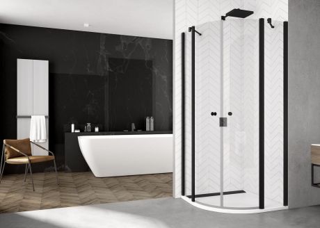 Przejdź do produktu Kabina prysznicowa półokrągła 100x100x200 cm z czarnymi profilami i drzwiami dwuczęściowymi SanSwiss Solino BlackLine SOR5510000607