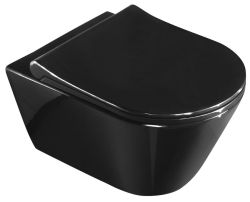 AVVA WC wiszące z funkcją bidetu, Rimless, 35,5x53cm, czarny połysk + deska WC slim Soft Close, czarny połysk