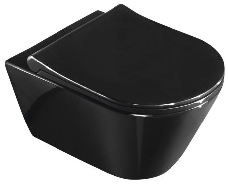 Przejdź do produktu AVVA WC wiszące z funkcją bidetu, Rimless, 35,5x53cm, czarny połysk + deska WC slim Soft Close, czarny połysk