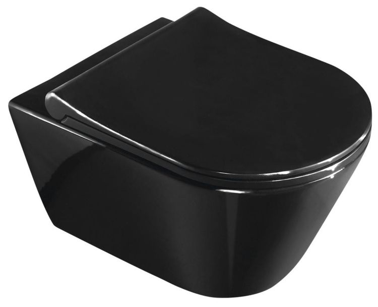 AVVA WC wiszące z funkcją bidetu, Rimless, 35,5x53cm, czarny połysk + deska WC slim Soft Close, czarny połysk