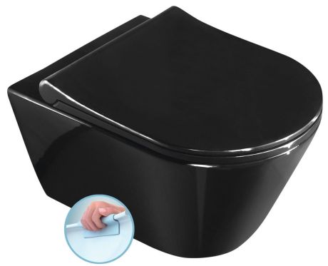 Przejdź do produktu AVVA WC wiszące, Rimless, 35,5x53cm, czarny połysk + deska WC slim Soft Close, czarny połysk