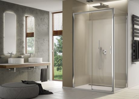 Przejdź do produktu Kabina prysznicowa 100x100x200 cm z drzwiami rozsuwanymi SanSwiss Top Line S TLS21005007+TOPF21005007 srebrny połysk