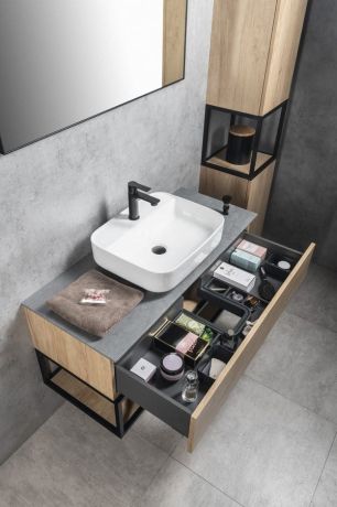Przejdź do produktu SKARA szafka pod umywalkę Rockstone 110x50x45cm, czarny mat/dąb alabama/biały mat