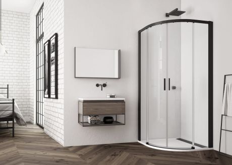 Przejdź do produktu Kabina prysznicowa półokrągła 80x80 cm z czarnymi profilami i rozsuwanymi drzwiami SanSwiss Top Line S TLSR0800607