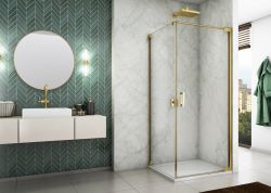 Kabina prysznicowa 90x90x200 cm ze złotymi profilami i drzwiami otwieranymi w obie strony Sanswiss Cadura Gold Line CA1C0901207+CAT10901207