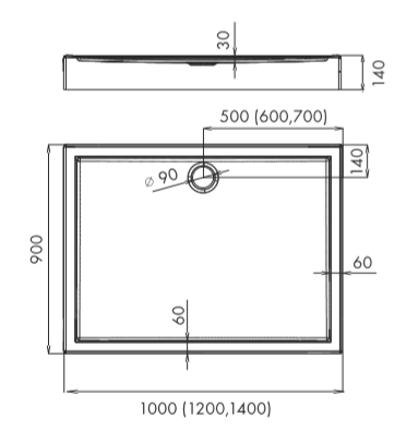 Brodzik prostokątny 90x100x14cm Schedpol Competia 3.0168 rys.tech.