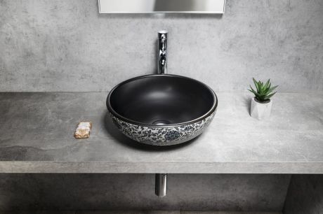 Przejdź do produktu PRIORI umywalka ceramiczna nablatowa Ø 41cm, czarny z niebieskim wzorem