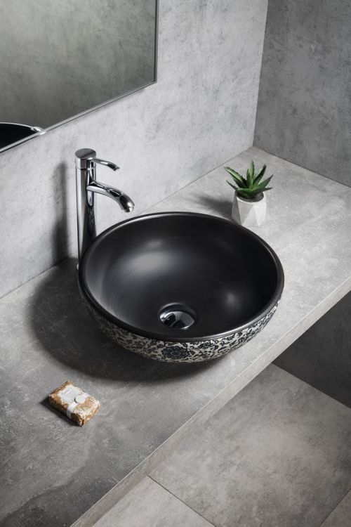 PRIORI umywalka ceramiczna nablatowa Ø 41cm, black z niebieskim wzorem