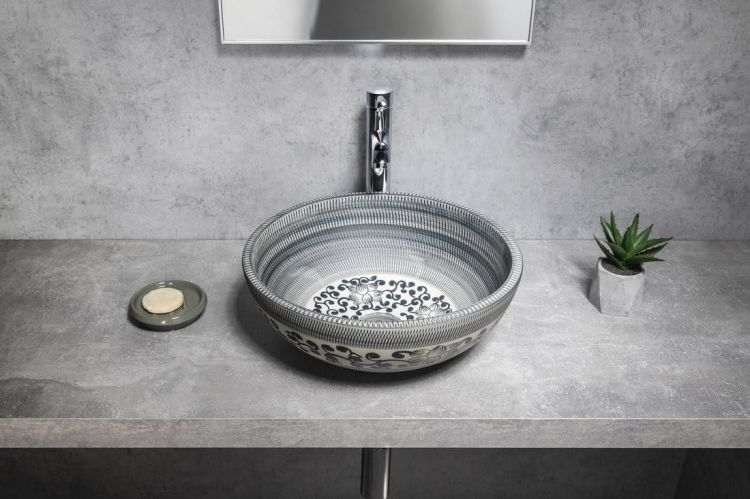 PRIORI umywalka ceramiczna nablatowa Ø 41 cm, niebieski z wzorem