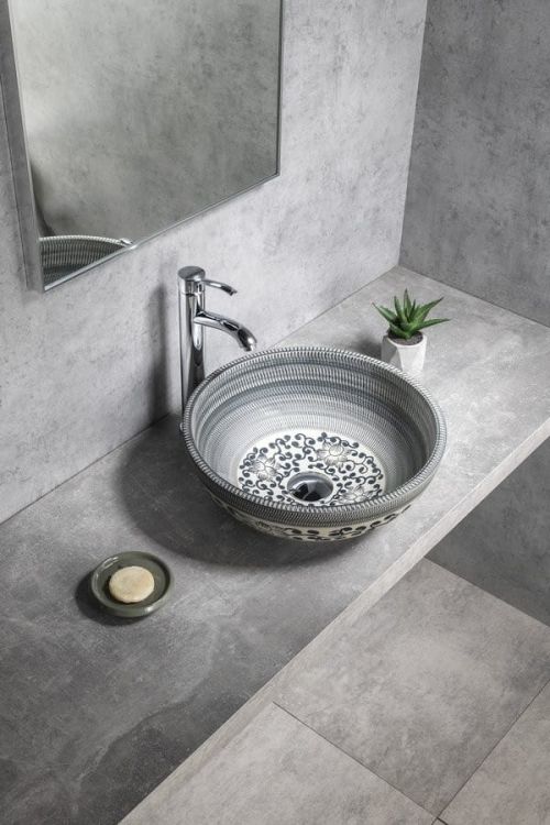 PRIORI umywalka ceramiczna nablatowa Ø 41 cm, niebieski z wzorem