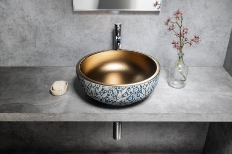 Przejdź do produktu PRIORI umywalka ceramiczna nablatowa Ø 41 cm, miedź/niebieski ze wzorem