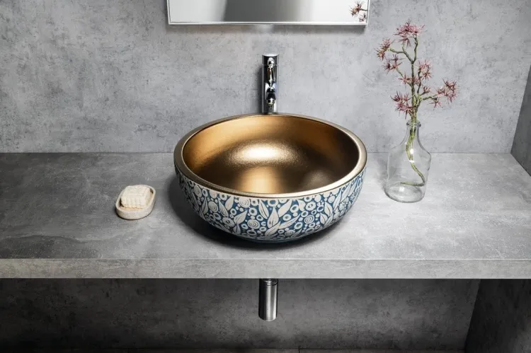 PRIORI umywalka ceramiczna nablatowa Ø 41 cm, miedź/niebieski z wzorem