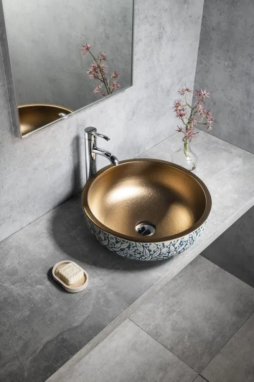PRIORI umywalka ceramiczna nablatowa Ø 41 cm, miedź/niebieski z wzorem