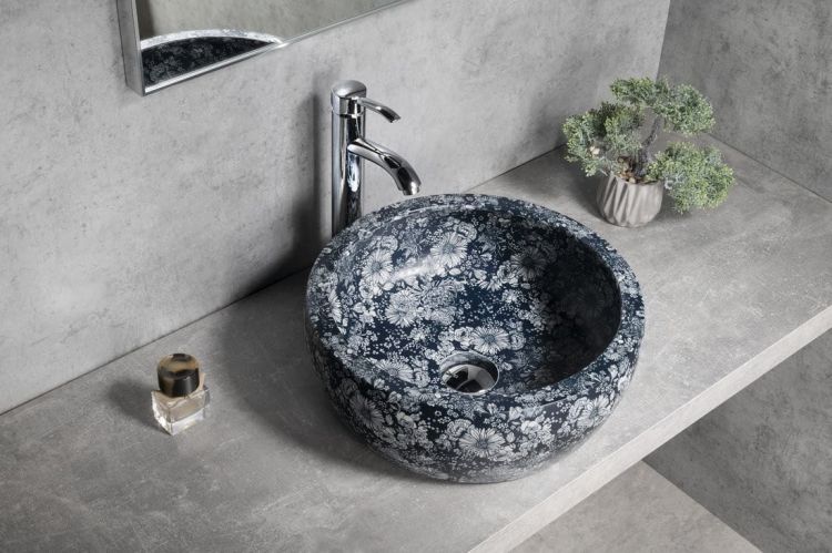 PRIORI umywalka ceramiczna nablatowa Ø 41 cm, niebieskie kwiaty