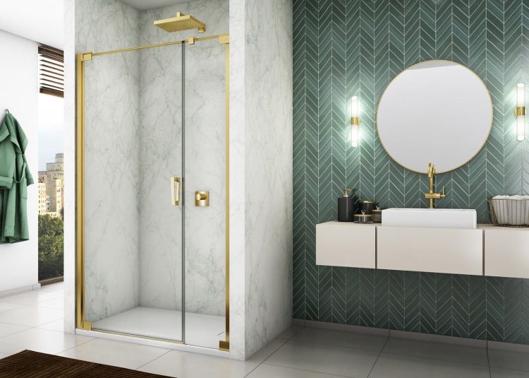 Złote drzwi prysznicowe wahadłowe 90x200 cm Sanswiss Cadura Gold Line CA31CG0901207 złoty lewe