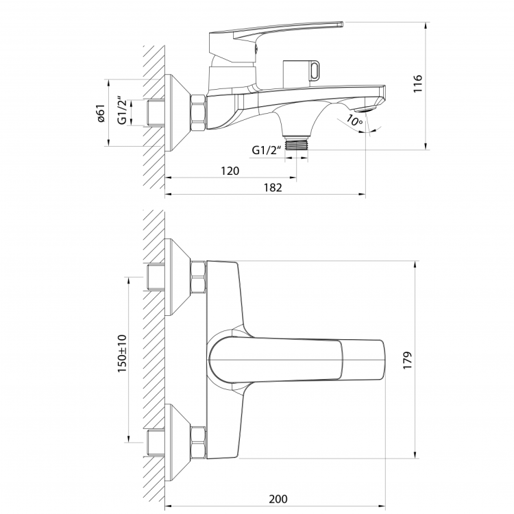 KORANA bateria wannowa ścienna, rozstaw 150mm, chrom