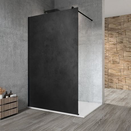 Przejdź do produktu VARIO BLACK jednoczęściowa kabina przysznicowa Walk-In, montaż przy ścianie, blat HPL Kara, 1300 mm