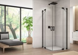 Kabina prysznicowa 90x200x90 cm z czarnymi profilami i drzwiami wahadłowymi Sanswiss Cadura Black Line CA13D0900607+CA13G0900607 czarny mat