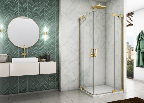 Przejdź do produktu Kabina prysznicowa 140x200x140 cm ze złotymi profilami i drzwiami wahadłowymi Sanswiss Cadura Gold Line CA13D1401207+CA13G1401207 złoty