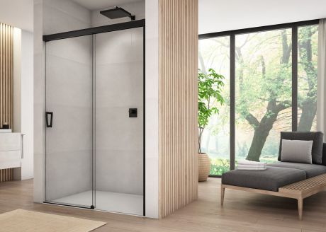 Przejdź do produktu Drzwi prysznicowe dwuczęściowe 140x200 cm przesuwne Sanswiss Cadura Black Line CAS2G1400607 czarny mat