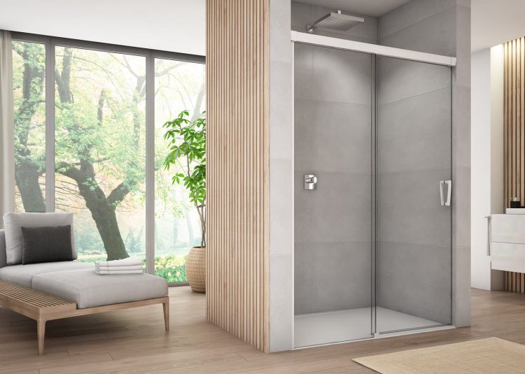 Drzwi prysznicowe dwuczęściowe 100x200 cm przesuwne Sanswiss Cadura White Line CAS2G1000907 biały mat lewe